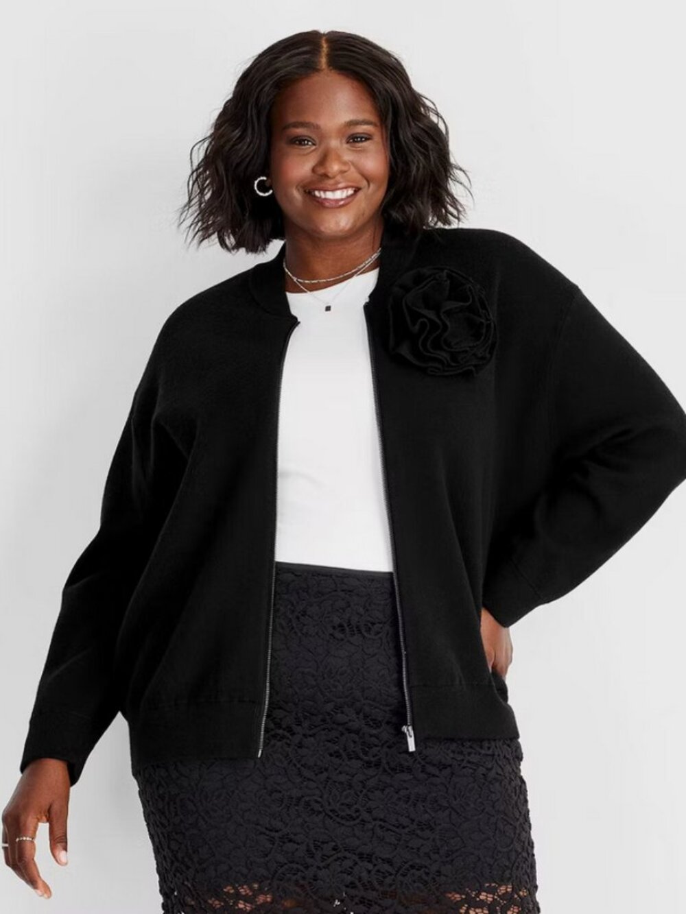 Women's Rosette Sweater Bomber Jacket - Future Collective Black S